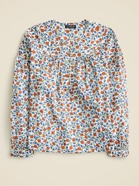 J. Crew White Floral Button-Front Long Sleeve Blouse with Orange and Blue Print